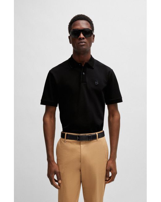 Boss Black Mercerised-cotton Polo Shirt With Embroidered Double Monogram for men