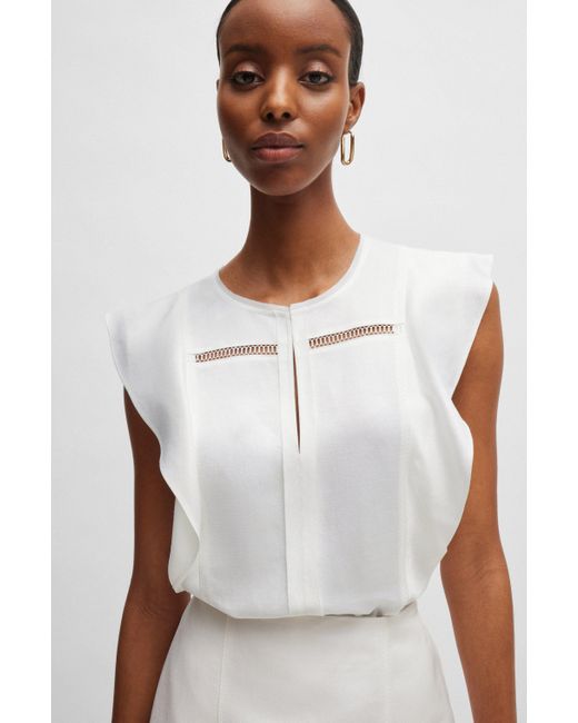 Boss White Flutter-sleeve Blouse With Ladder-lace Trim