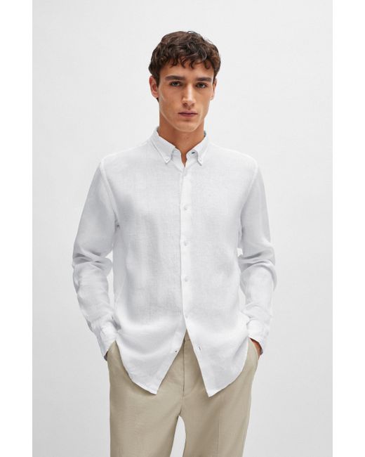 Boss Regular-fit Linnen Overhemd Met Buttondownkraag in het White voor heren