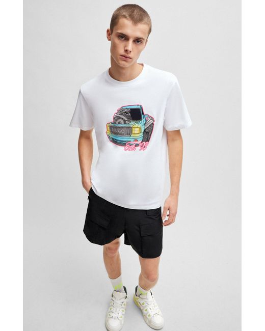 HUGO White Relaxed-fit T-shirt In Cotton With Car Artwork for men