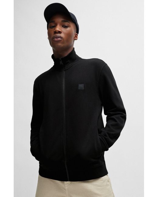 Boss Black Cotton-terry Zip-up Jacket With Logo Patch for men