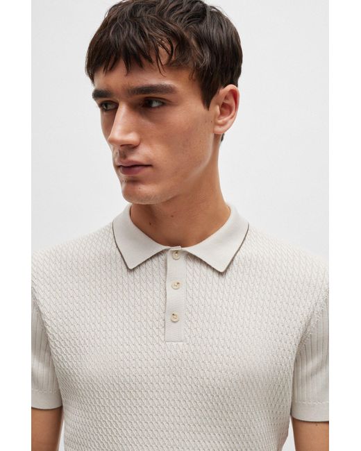 Boss White Mixed-knit Polo Sweater In Silk And Cotton for men