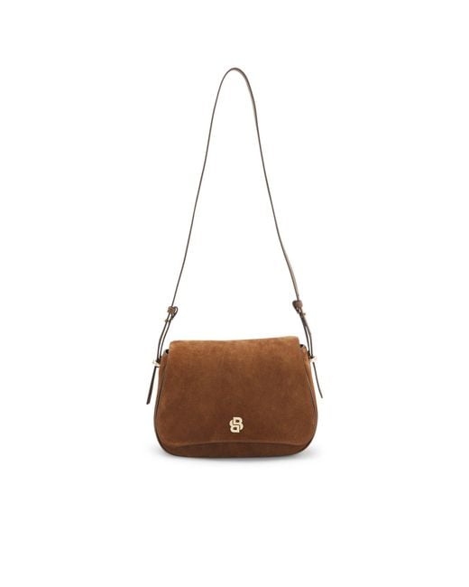 Boss Brown Suede Saddle Bag With Double B Monogram