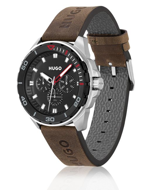 HUGO Multicolor Black-dial Watch With Brown Logo-embossed Strap for men