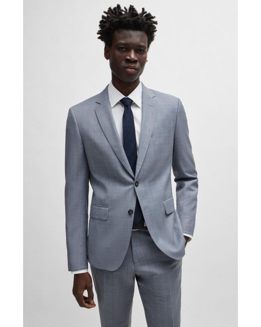 Boss Blue Slim-fit Suit In Checked Virgin-wool Serge for men