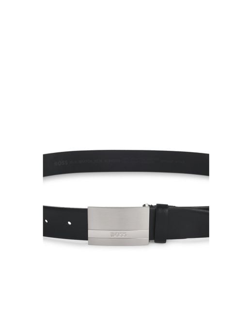 Boss Gray Italian-Made Leather Belt With Engraved Plaque Buckle for men