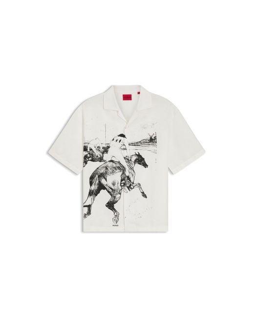 HUGO White Oversized-Fit Shirt With Horse Racing Print for men