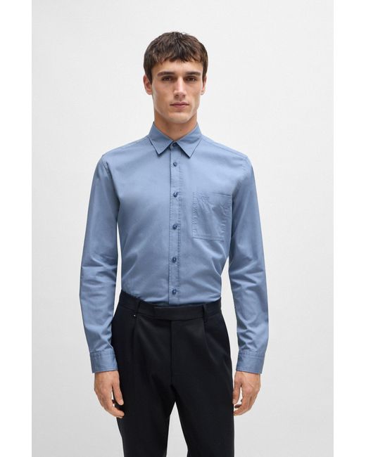 Boss Blue Regular-fit Shirt In Washed Cotton Twill for men