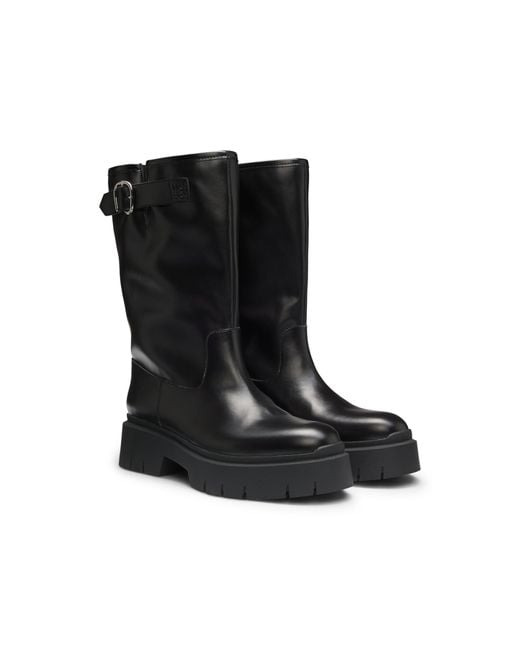 HUGO Black Faux-Leather Biker Boots With Buckle Detail