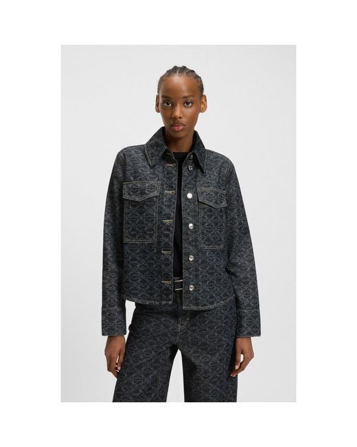 HUGO Blue Rigid-Denim Jacket With Monogram Laser Print
