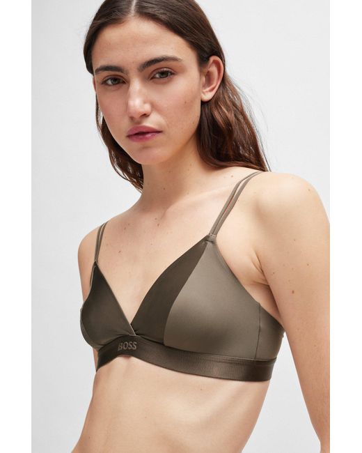Boss Gray Mixed-material Triangle Bra With Branded Band