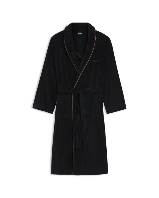 Boss Black Cotton Dressing Gown With Piping And Embroidered Branding for men