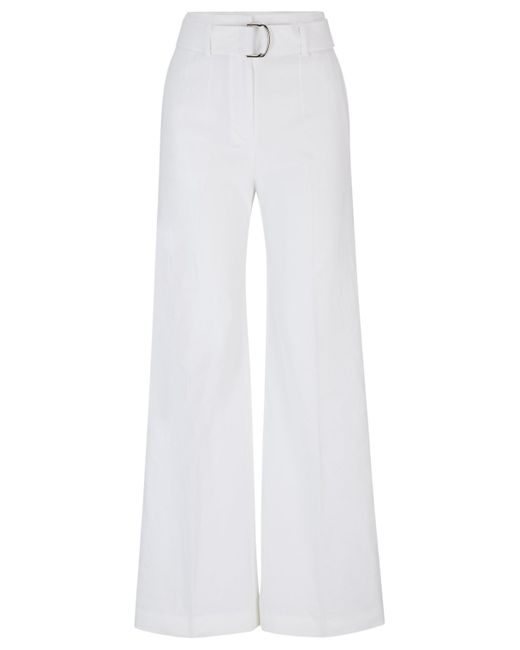Boss White Relaxed-fit Trousers In A Linen Blend