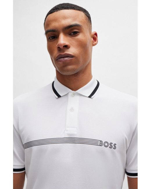 Boss White Cotton-blend Polo Shirt With Stripes And Logo for men
