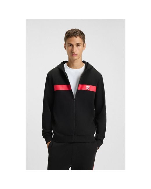 HUGO Black Cotton-Terry Zip-Up Hoodie With Contrast Stripe for men
