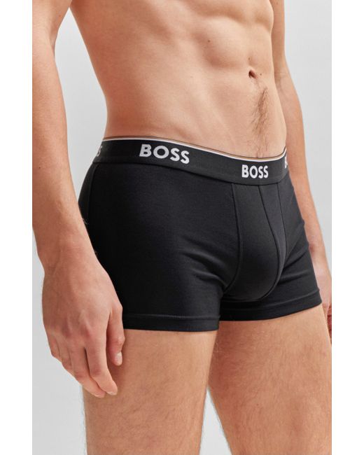 Boss Blue Three-pack Of Stretch-cotton Trunks With Logo Waistbands for men