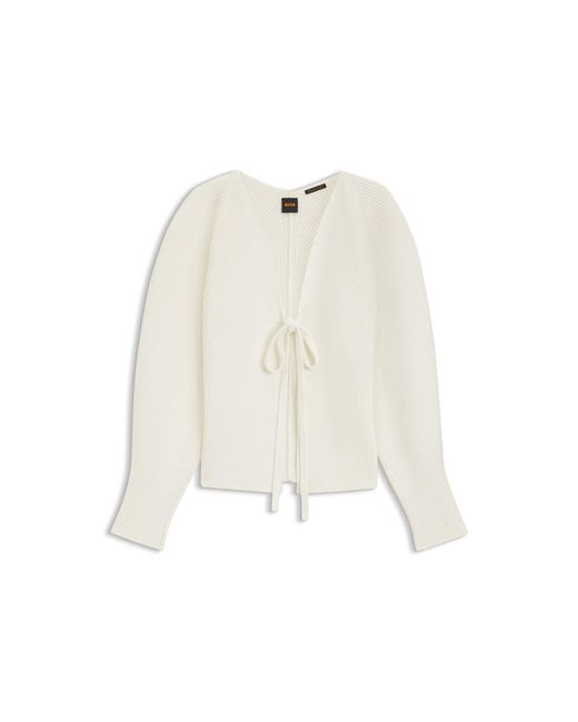 Boss White Tie-Front Rib-Knit Cardigan With Balloon Sleeves