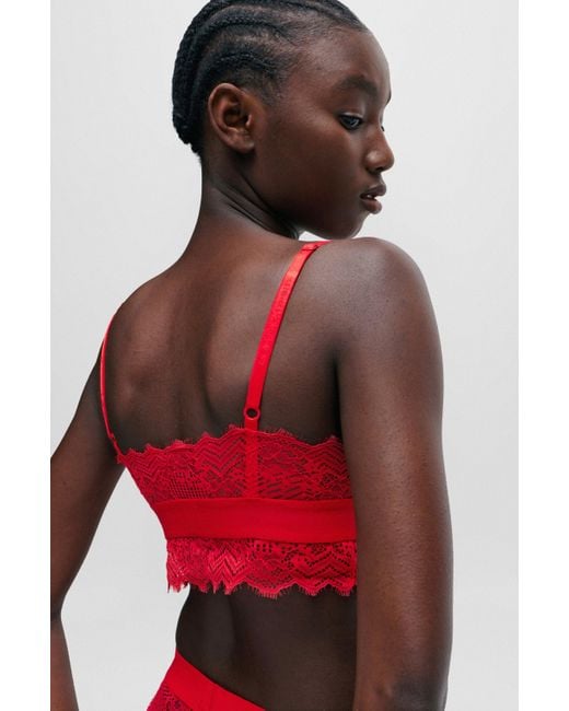 HUGO Padded Triangle Bra In Geometric Lace With Logo Label in Red