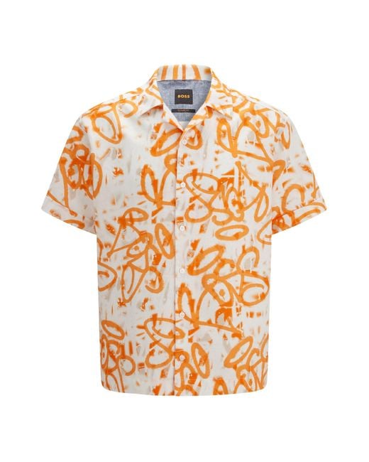 BOSS by HUGO BOSS Linen Relaxed-fit Short-sleeved Shirt With Graffiti  Artwork in Orange for Men | Lyst Australia