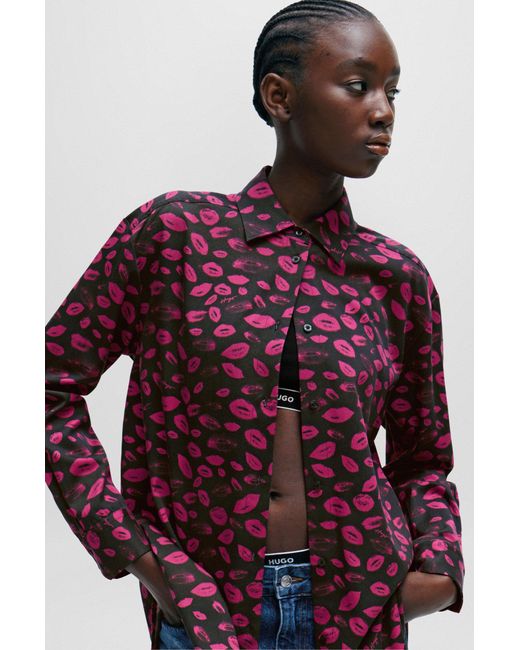 HUGO Red Oversized-fit Blouse With Ditsy Lip Print