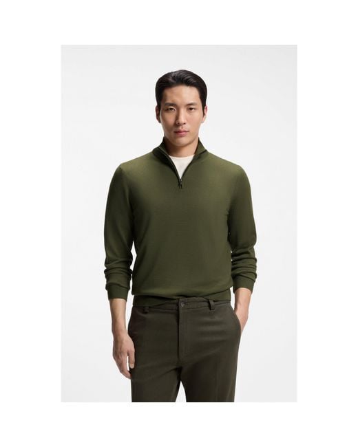 Boss Green Merino-Wool Sweater With Zip Neck for men