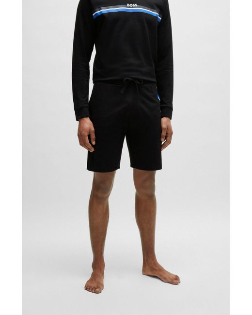 Boss Black Drawstring Shorts In French Terry With Stripes And Logo for men