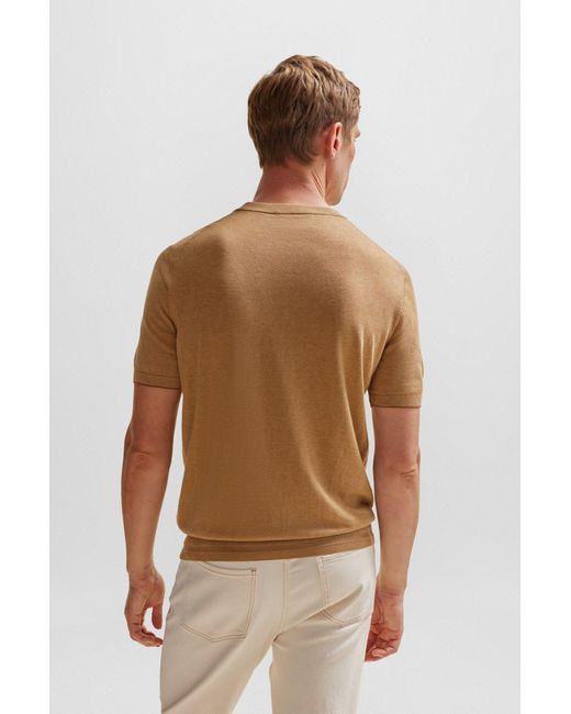Boss Brown Short-sleeved Sweater In Silk And Cotton for men