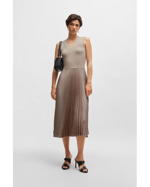 Boss Natural Mixed-material Dress With Plissé Skirt