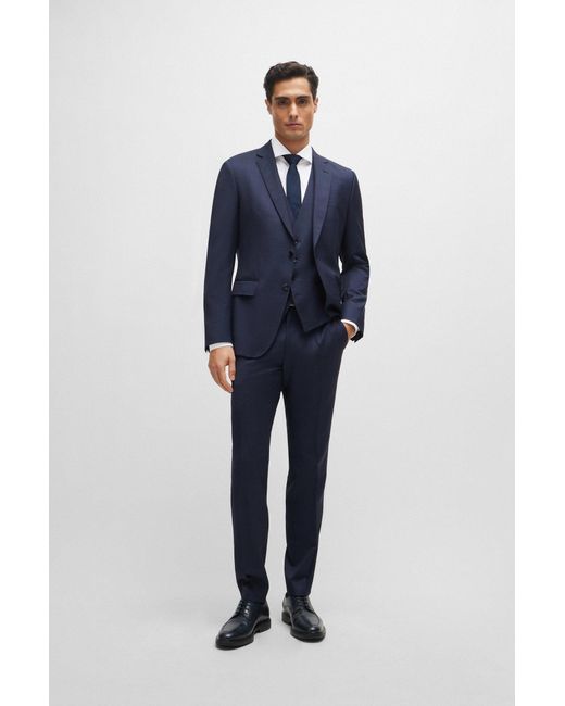 Boss Blue Three-piece Slim-fit Suit In Patterned Stretch Wool for men