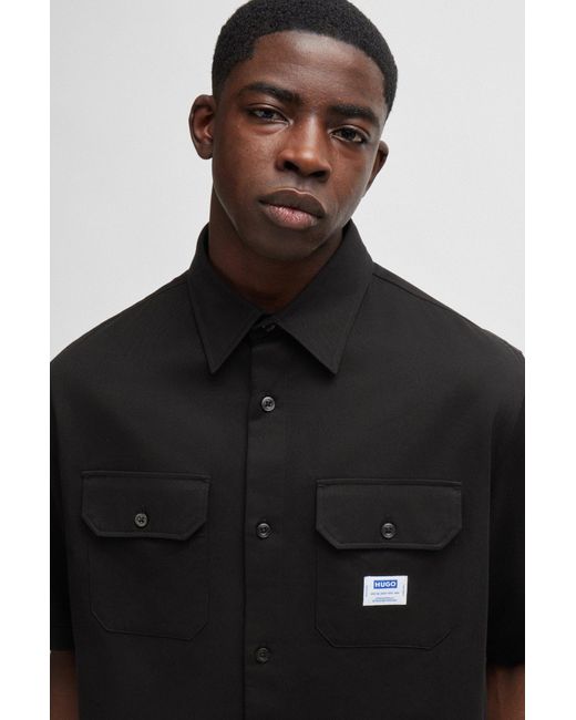 HUGO Black Loose-fit Shirt In Cotton Twill With Logo Patch for men