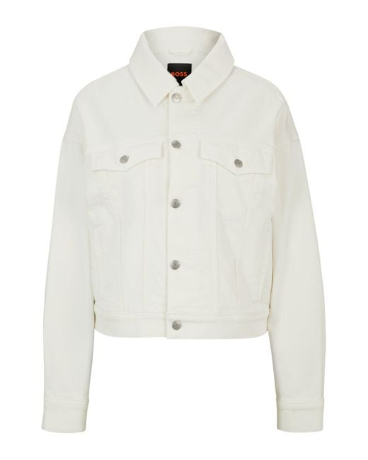 Boss White Stretch-denim Jacket With Signature Trims