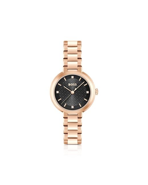 Boss Metallic Link-Bracelet Watch With Crystal-Studded Monogram Dial