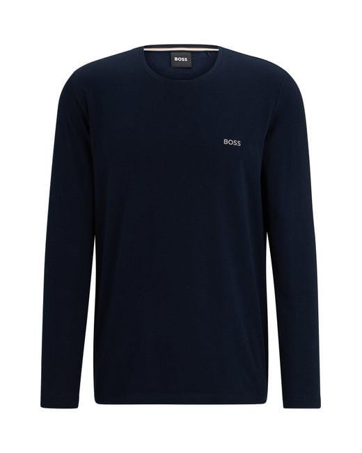 Boss Blue Long-sleeved T-shirt In Stretch Cotton With Logo Detail for men