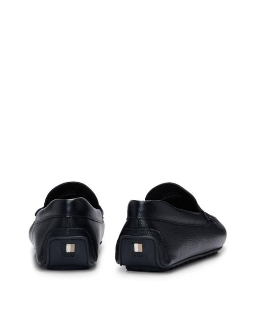 Boss Black Grained-leather Driver Moccasins With Logo Strap for men