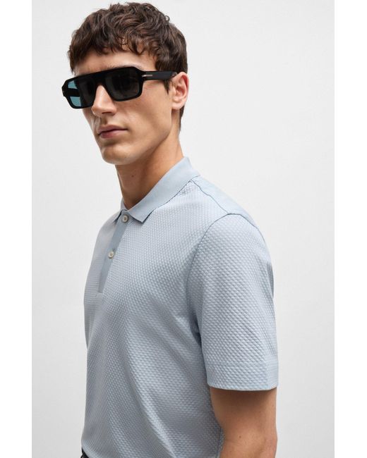 Boss Blue Cotton-silk Polo Shirt With Bubble Structure for men