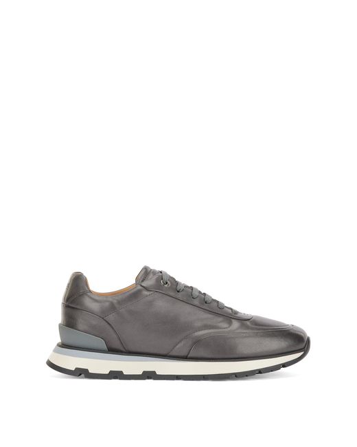 BOSS by HUGO BOSS Italian-made Trainers In Burnished Leather With Monogram Outsole in Dark Grey