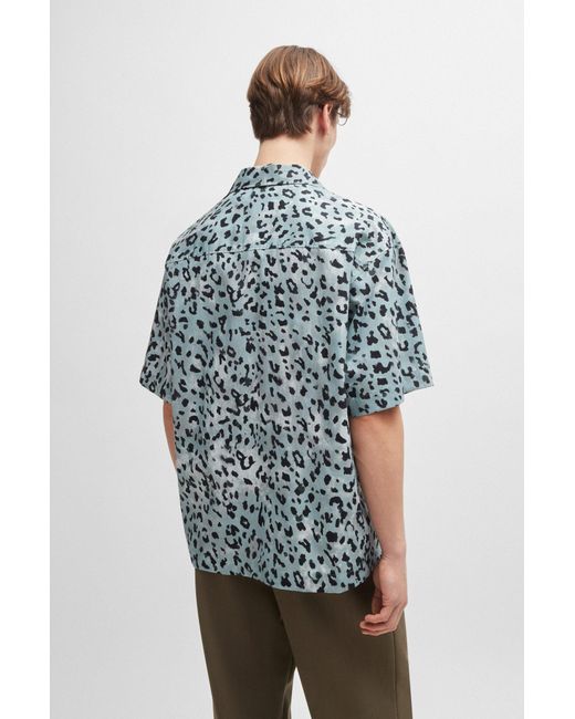 HUGO Blue Oversized Short-sleeved Shirt In Animal-print Cotton for men