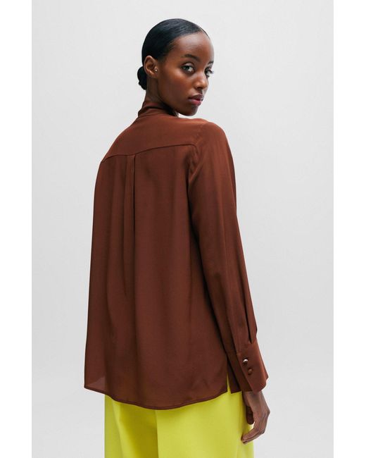 Boss Brown Relaxed-fit Blouse In Washed Silk With Tie Collar