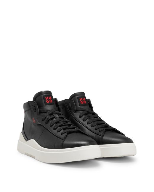 HUGO Black High-top Trainers In Leather With Stacked Logo for men