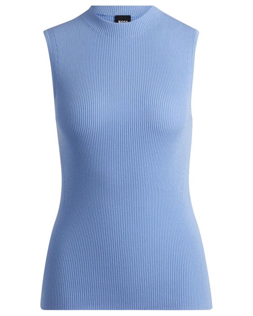 Boss Blue Sleeveless Mock-neck Top With Ribbed Structure