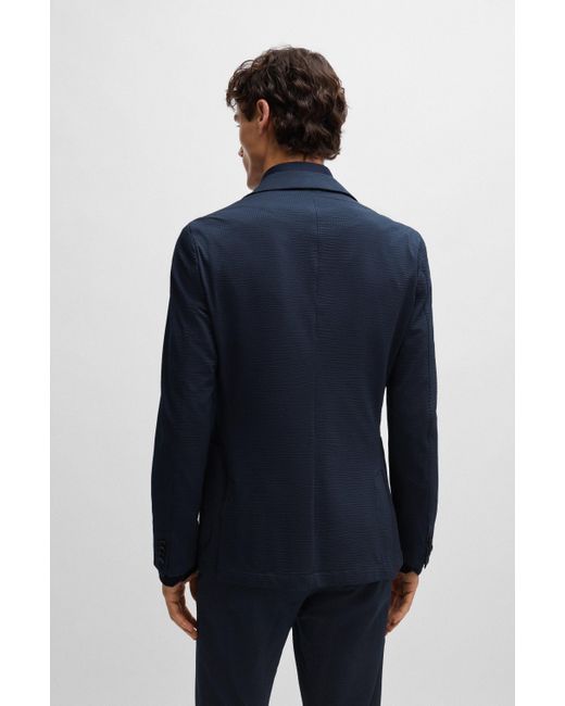 Boss Blue Slim-fit Jacket In Performance-stretch Seersucker for men
