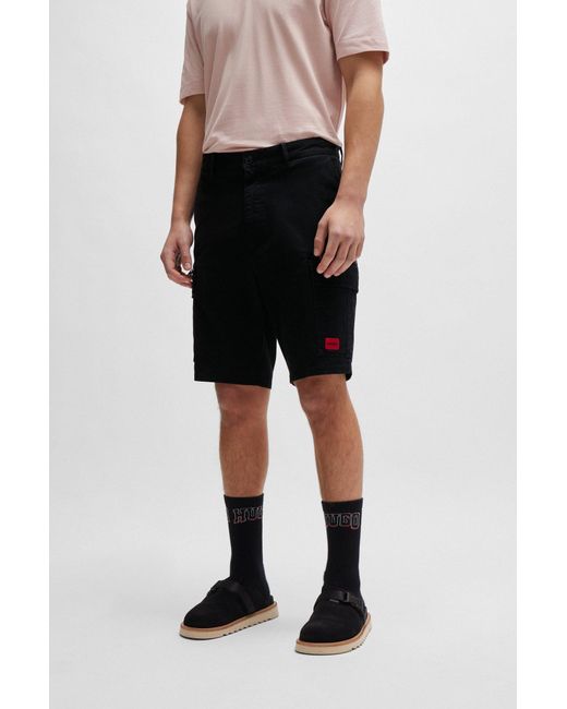 HUGO Black Stretch-cotton Shorts With Red Logo Label for men