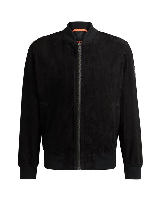 Boss Black Suede Bomber Jacket With Ribbed Trims for men