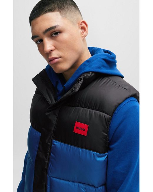 HUGO Blue Water-repellent Puffer Gilet With Red Logo Badge for men