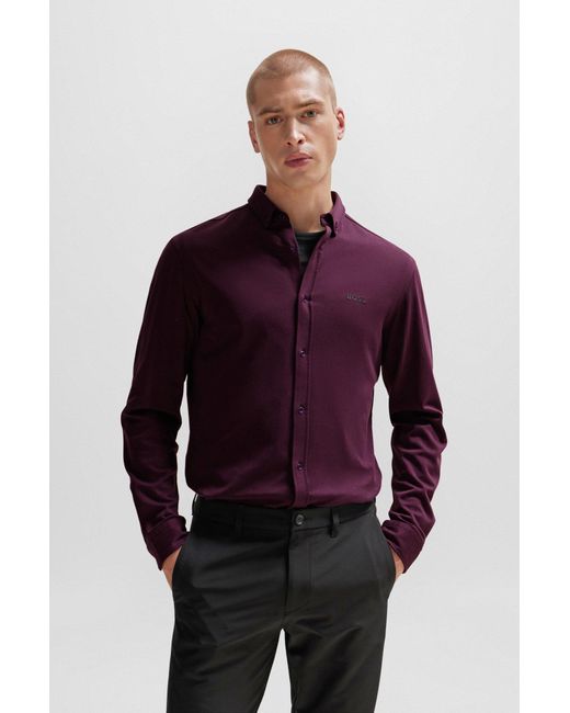 Boss Purple Regular-fit Shirt In Knitted Cotton Piqué for men