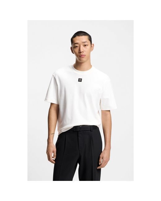 HUGO White Interlock-Cotton T-Shirt With Metallic Stacked-Logo Badge for men