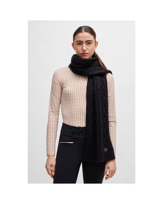 Boss Black Equestrian Cable-Knit Scarf With Logo Patch