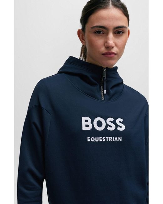 Boss Blue Equestrian Zip-up Hoodie With Silicone Logo Patch