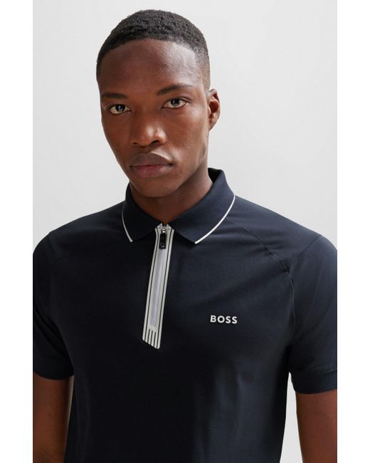Boss Black Stretch-cotton Slim-fit Polo Shirt With Zip Placket for men