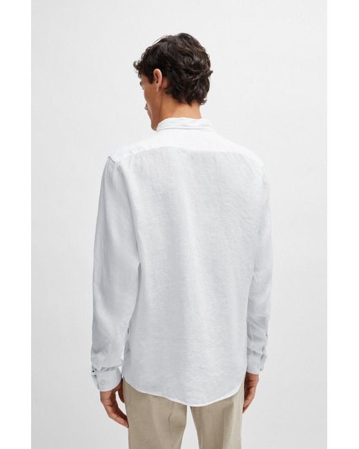 Boss White Regular-fit Linen Shirt With Button-down Collar for men